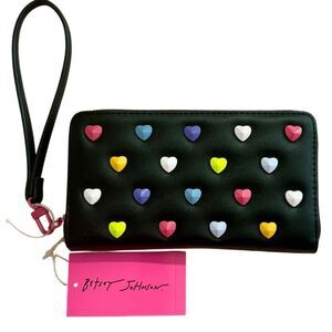 Betsey Johnson Black Faux Leather Multicolor Heart Studded XOZIP Wallet Wristlet